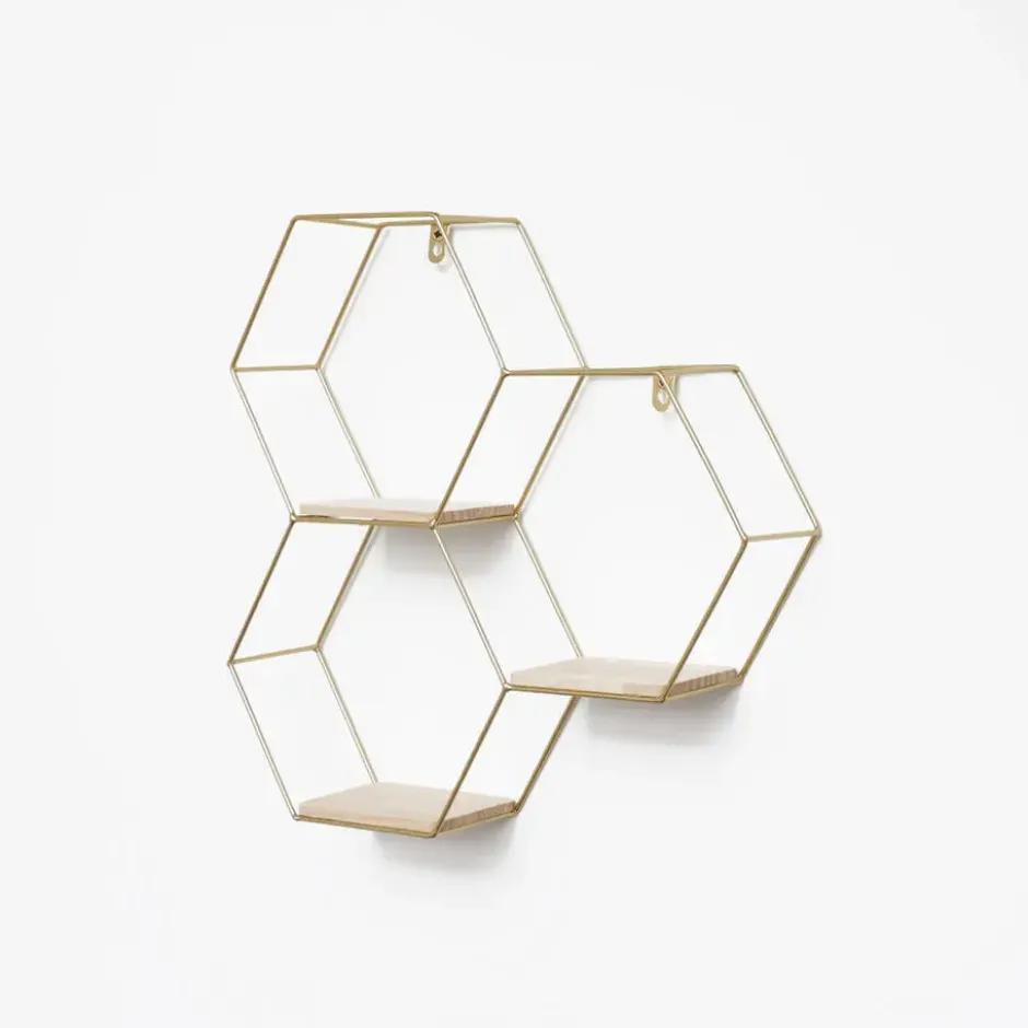 Driedubbel zeshoekig metalen wandrek met 3 houten plankjes - 40,5x41 cm - Goud