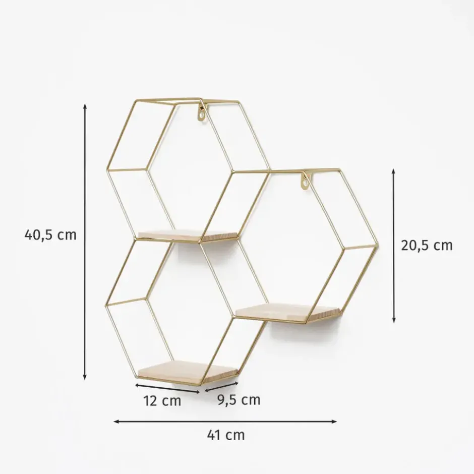 Driedubbel zeshoekig metalen wandrek met 3 houten plankjes - 40,5x41 cm - Goud