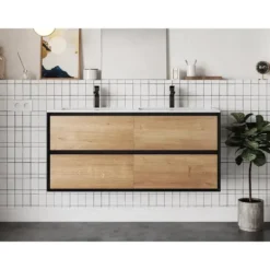 Dubbele wastafel LANNICK - 120 cmx45.6 cmx55 cm - Zwart Natuurlijk licht Hout
