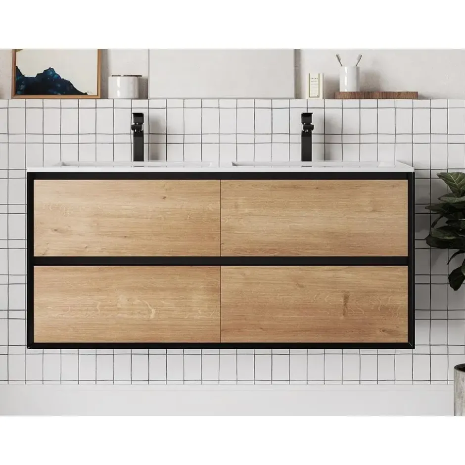 Dubbele wastafel LANNICK - 120 cmx45.6 cmx55 cm - Zwart Natuurlijk licht Hout