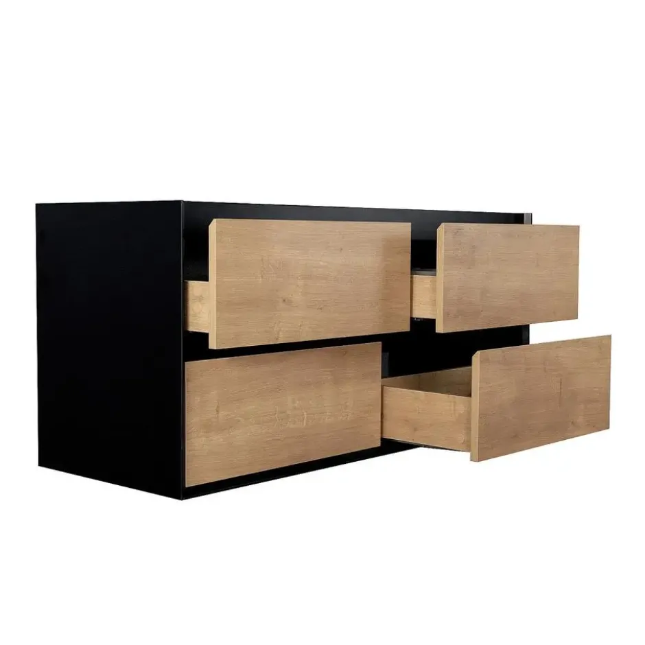 Dubbele wastafel LANNICK - 120 cmx45.6 cmx55 cm - Zwart Natuurlijk licht Hout