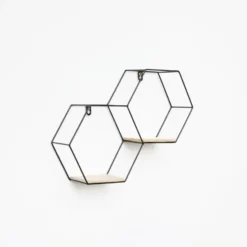 Dubbel zeshoekig metalen wandrek met 2 houten plankjes - 30,5x41 cm - Zwart