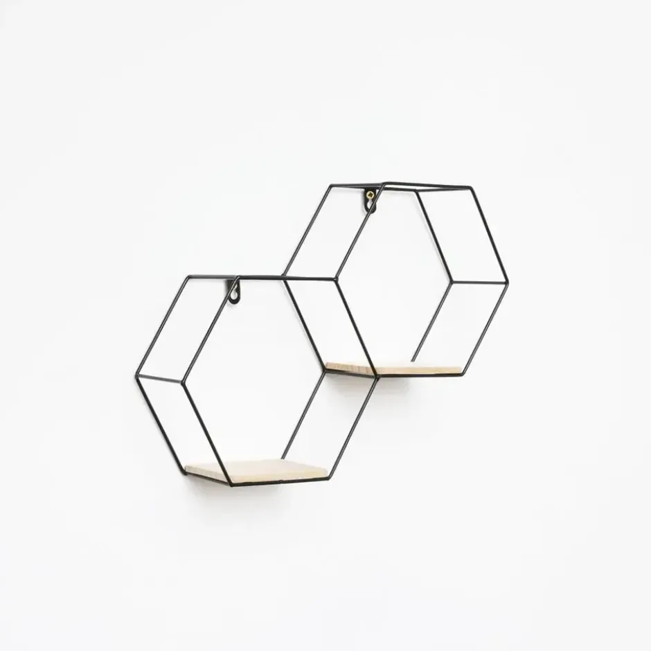 Dubbel zeshoekig metalen wandrek met 2 houten plankjes - 30,5x41 cm - Zwart