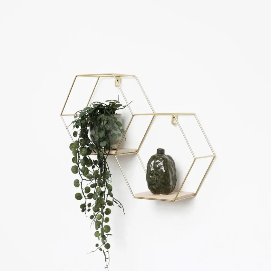 Dubbel zeshoekig metalen wandrek met 2 houten plankjes - 30,5x41 cm - Goud