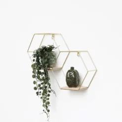 Dubbel zeshoekig metalen wandrek met 2 houten plankjes - 30,5x41 cm - Goud