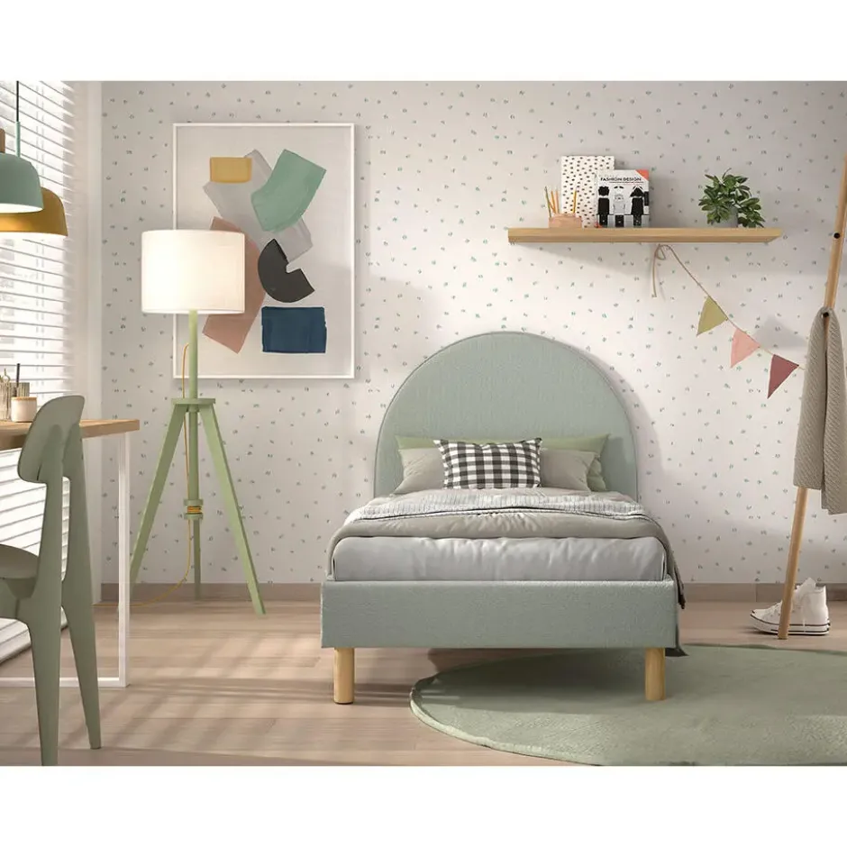 Eenpersoonsbed Maeva - 212x97x107 cm - Groene bouclé stof