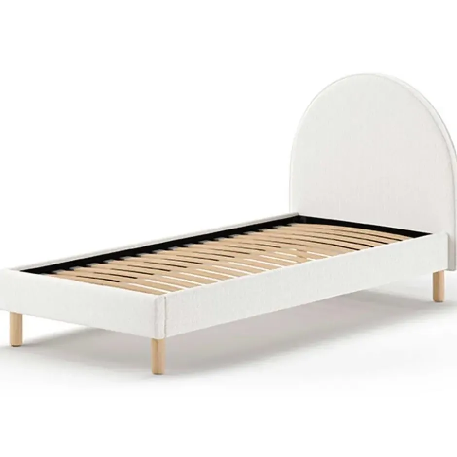 Eenpersoonsbed Maeva - 212x97x107 cm - Witte bouclé stof