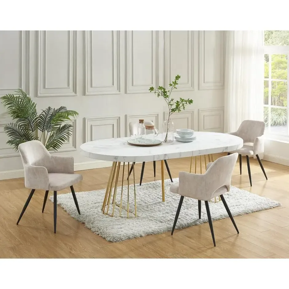Eettafel FIRELA - Uitschuifbaar - Wit Goudkleurig Hout paneel