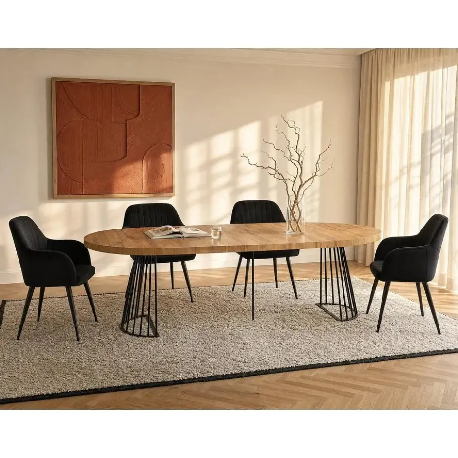 Eettafel FIRELA - Uitschuifbaar - Zwart Natuurlijk licht Hout paneel