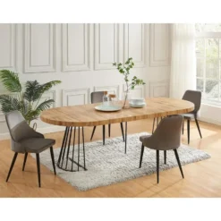 Eettafel FIRELA - Uitschuifbaar - Zwart Natuurlijk licht Hout paneel