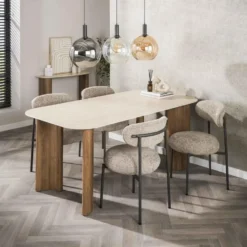 Eettafel Rechthoek Hout/Travertin - 180x90x76cm - Romano Curvo