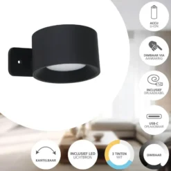 EGLO Muraglie Wandlamp - Oplaadbaar - LED - Ø 7.5 cm - Zwart