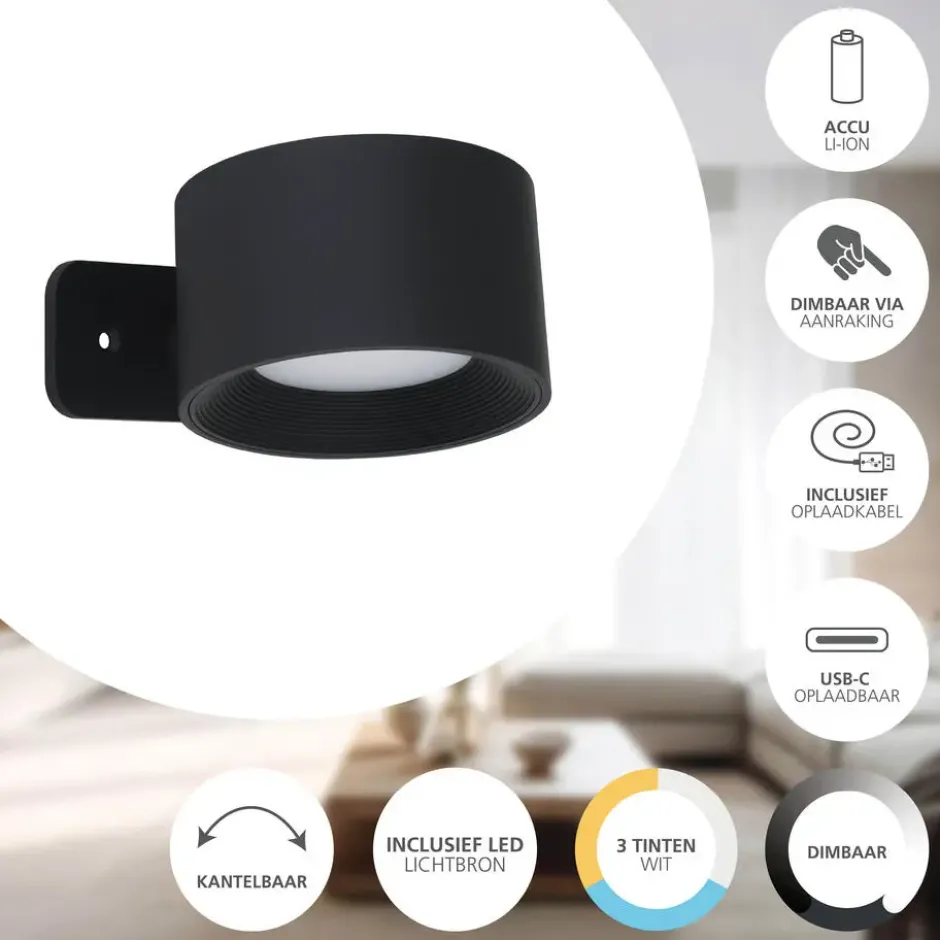 EGLO Muraglie Wandlamp - Oplaadbaar - LED - Ø 7.5 cm - Zwart