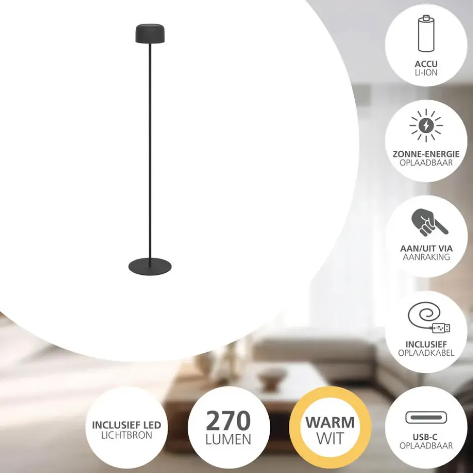 EGLO Roccanova-L Vloerlamp - Solar - 120 cm - Zwart - Oplaadbaar