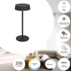 EGLO Simeri Tafellamp Buiten - Solar - 31 cm - Zwart - Oplaadbaar