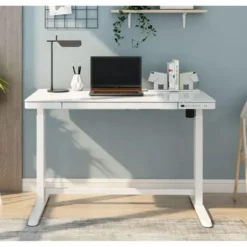 Elektrisch verstelbaar bureau / thuiswerkplek - 120x60 cm - Glas wit