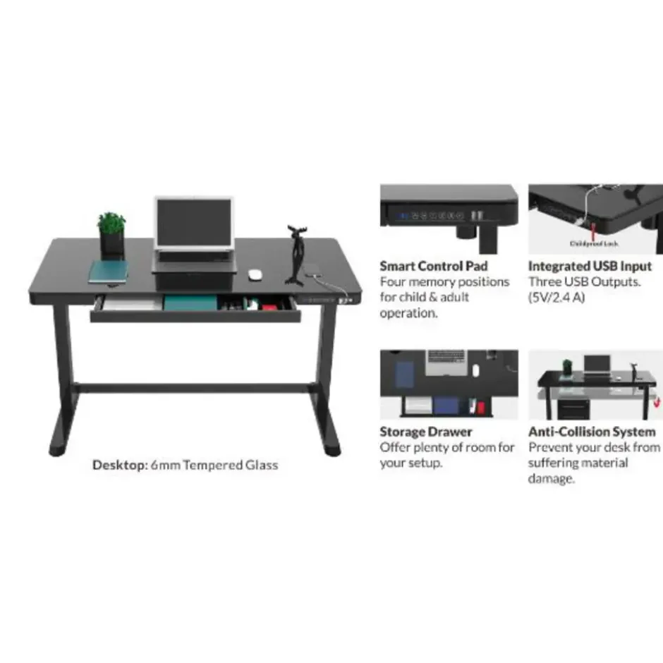 Elektrisch verstelbaar bureau / thuiswerkplek - 120x60 cm - Glas zwart