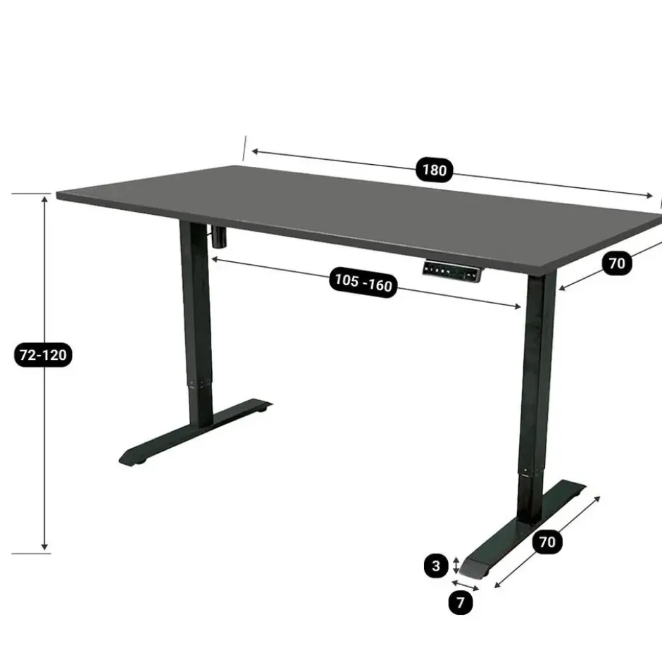 Elektrisch verstelbaar bureau - 180x80 cm - Single motor - Zwart / Antraciet