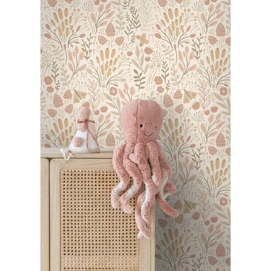 ESTAhome behang bladeren en bloemen beige en terracotta - 50 x 900 cm