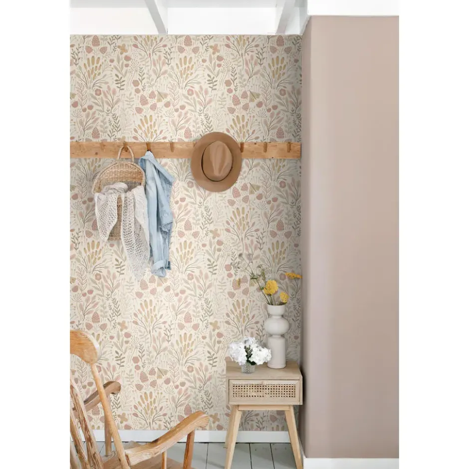 ESTAhome behang bladeren en bloemen beige en terracotta - 50 x 900 cm