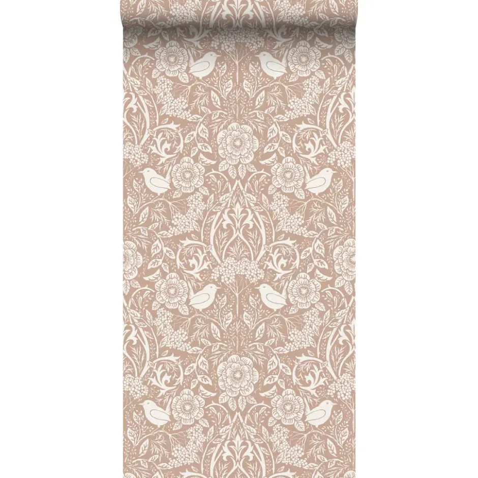 ESTAhome behang bloemen en vogels in art nouveau stijl nude kleur en wit