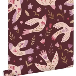 ESTAhome behang bloemen en vogels aubergine paars - 50 x 900 cm