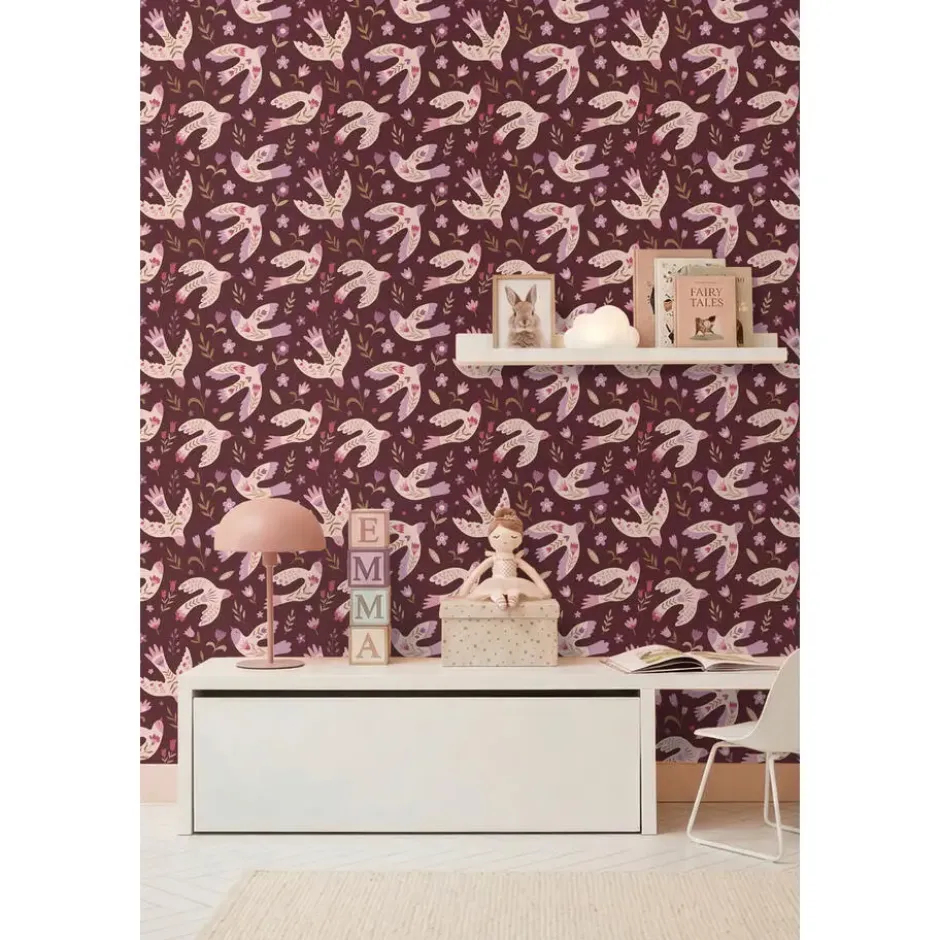 ESTAhome behang bloemen en vogels aubergine paars - 50 x 900 cm