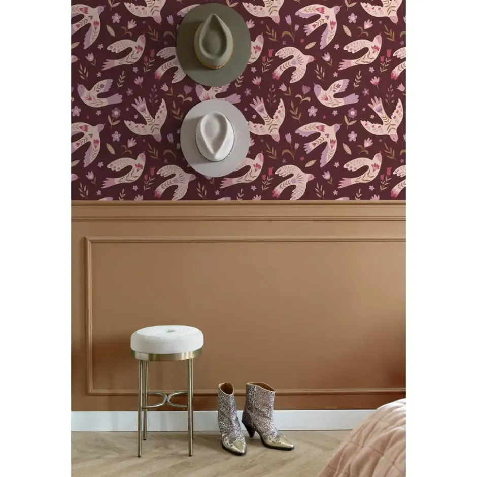 ESTAhome behang bloemen en vogels aubergine paars - 50 x 900 cm