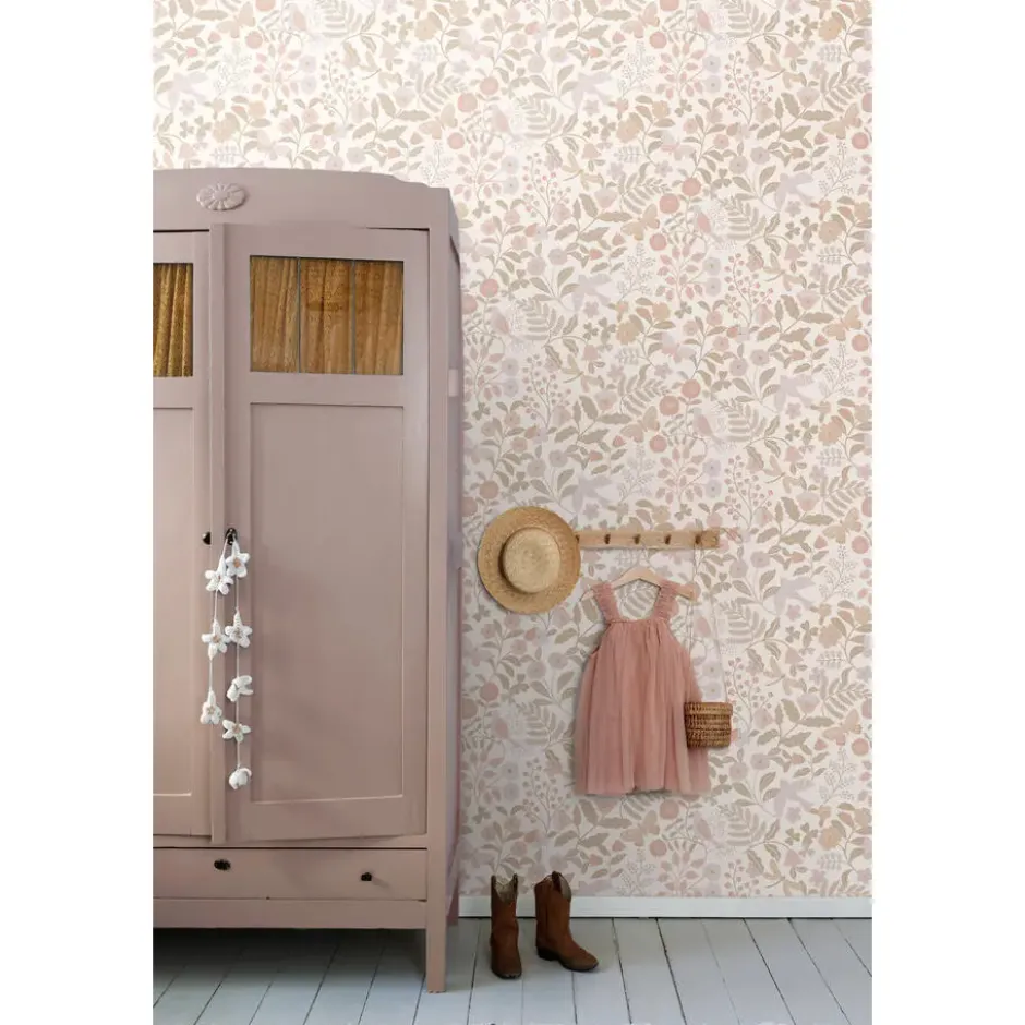 ESTAhome behang bloemen en vogels wit, beige en zacht roze - 53 x 1005 cm