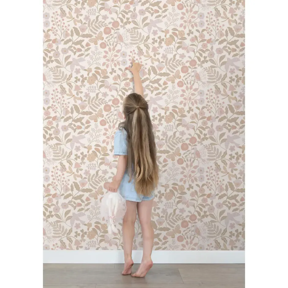 ESTAhome behang bloemen en vogels wit, beige en zacht roze - 53 x 1005 cm