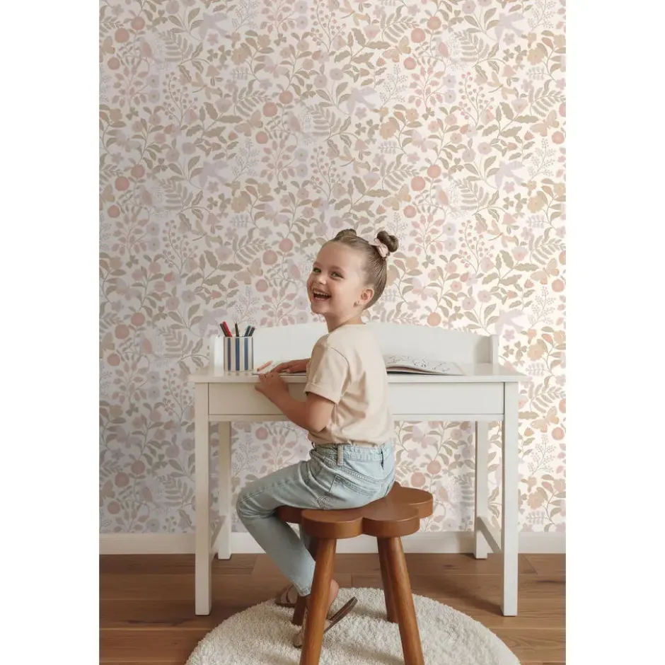 ESTAhome behang bloemen en vogels wit, beige en zacht roze - 53 x 1005 cm