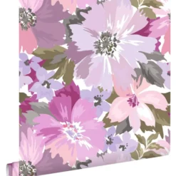 ESTAhome behang bloemen lila paars en olijfgroen - 50 x 900 cm