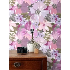 ESTAhome behang bloemen lila paars en olijfgroen - 50 x 900 cm