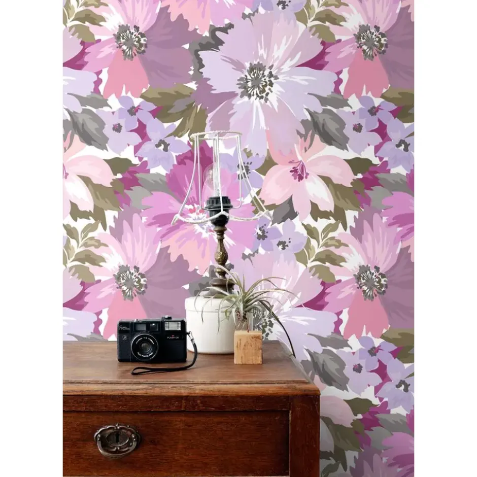 ESTAhome behang bloemen lila paars en olijfgroen - 50 x 900 cm
