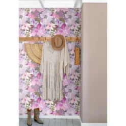 ESTAhome behang bloemen lila paars en olijfgroen - 50 x 900 cm