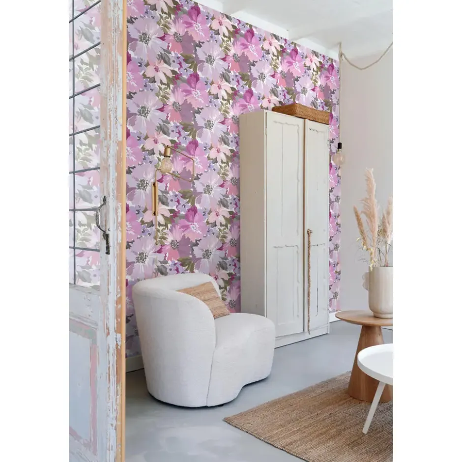 ESTAhome behang bloemen lila paars en olijfgroen - 50 x 900 cm