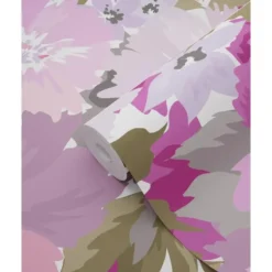 ESTAhome behang bloemen lila paars en olijfgroen - 50 x 900 cm