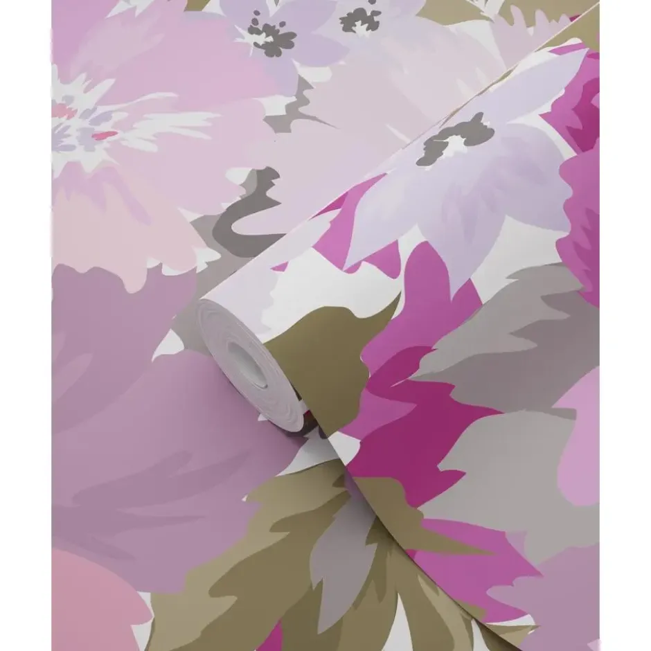 ESTAhome behang bloemen lila paars en olijfgroen - 50 x 900 cm