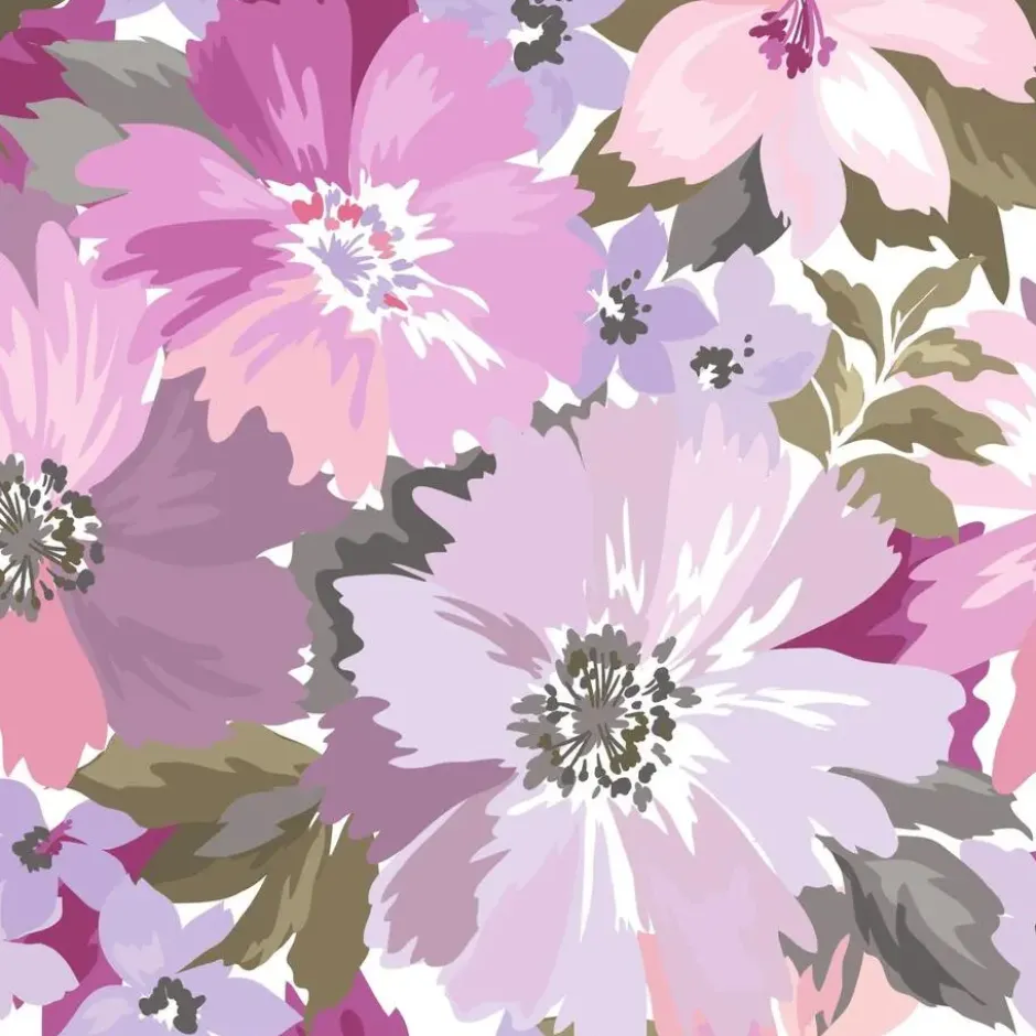 ESTAhome behang bloemen lila paars en olijfgroen - 50 x 900 cm
