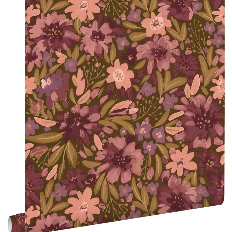 ESTAhome behang bloemen vergrijsd groen en paars - 50 x 900 cm