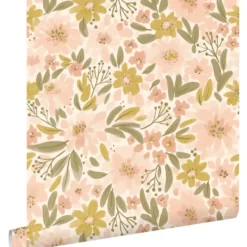 ESTAhome behang bloemen zacht roze, okergeel en vergrijsd groen - 50 x 900 cm