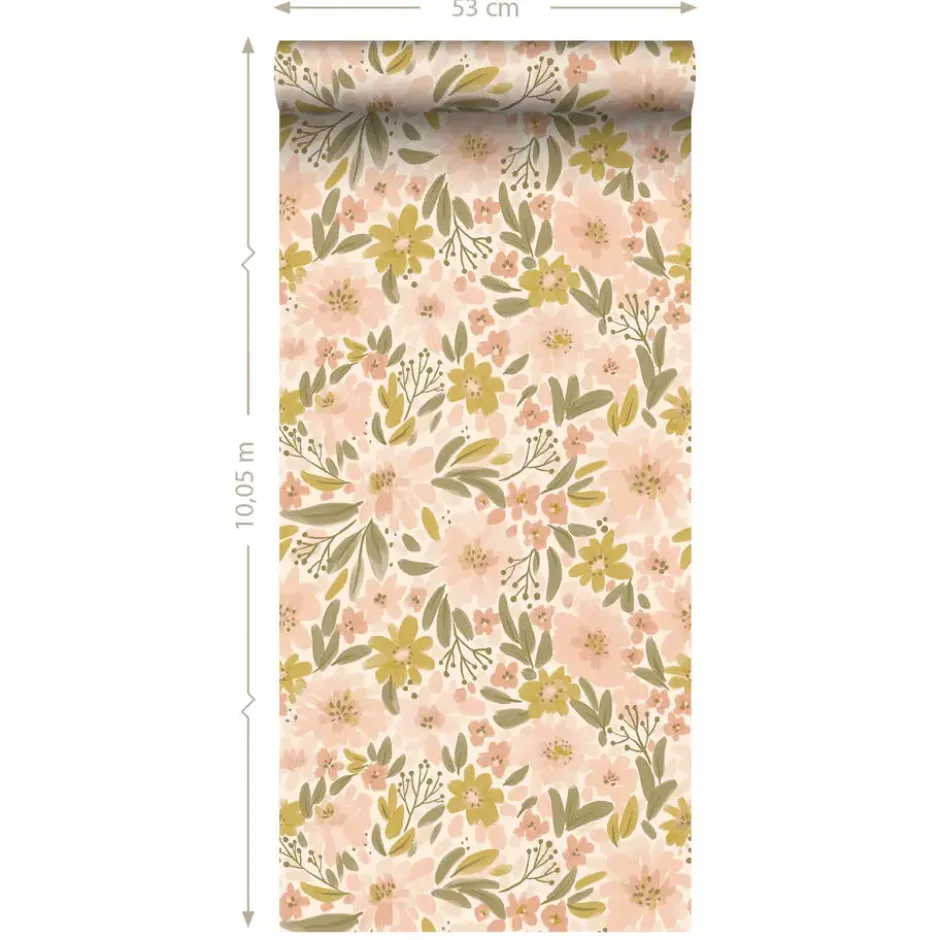 ESTAhome behang bloemen zacht roze, okergeel en vergrijsd groen - 50 x 900 cm