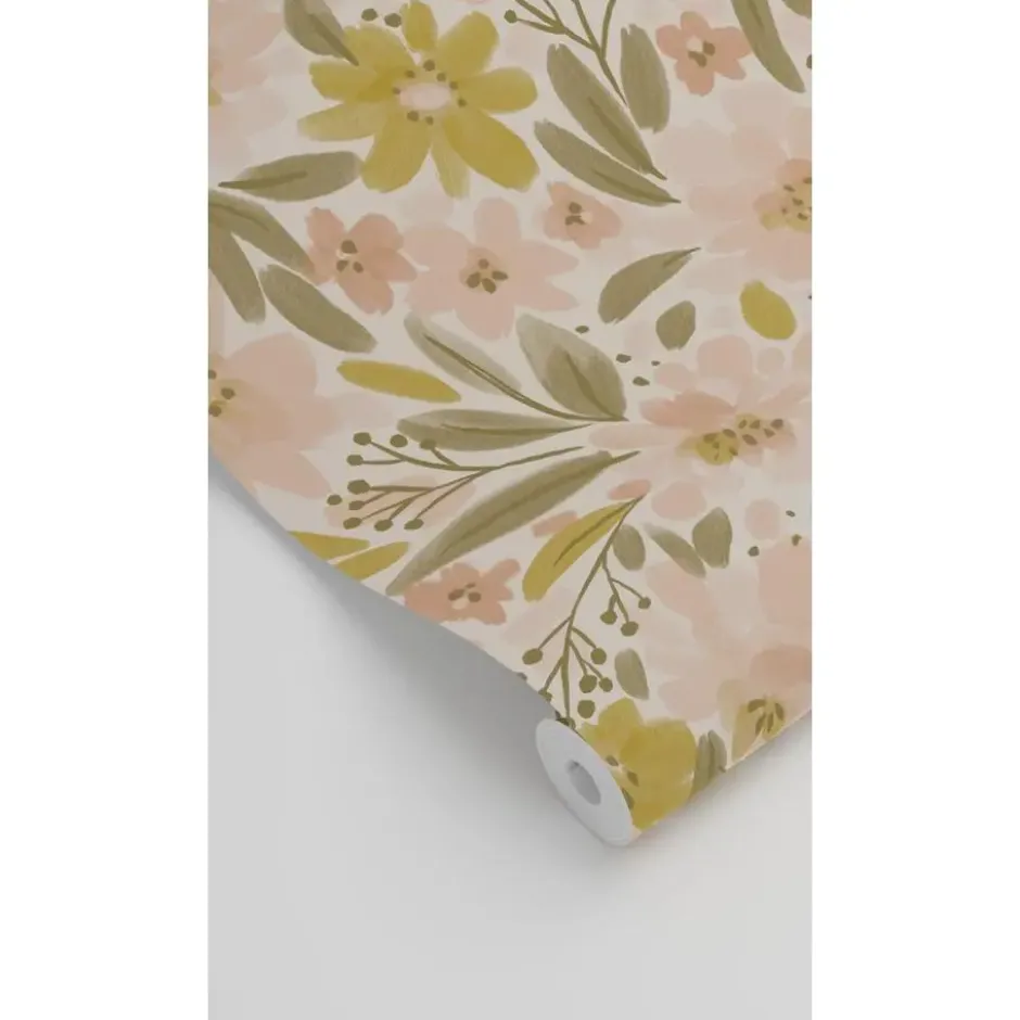 ESTAhome behang bloemen zacht roze, okergeel en vergrijsd groen - 50 x 900 cm