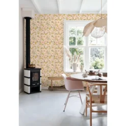 ESTAhome behang bloemen zacht roze, okergeel en vergrijsd groen - 50 x 900 cm