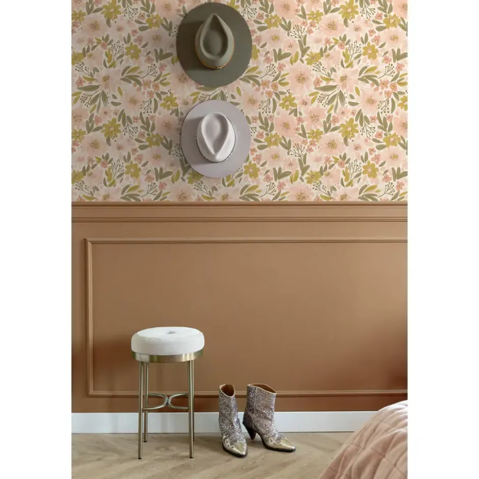 ESTAhome behang bloemen zacht roze, okergeel en vergrijsd groen - 50 x 900 cm