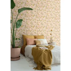 ESTAhome behang bloemen zacht roze, okergeel en vergrijsd groen - 50 x 900 cm