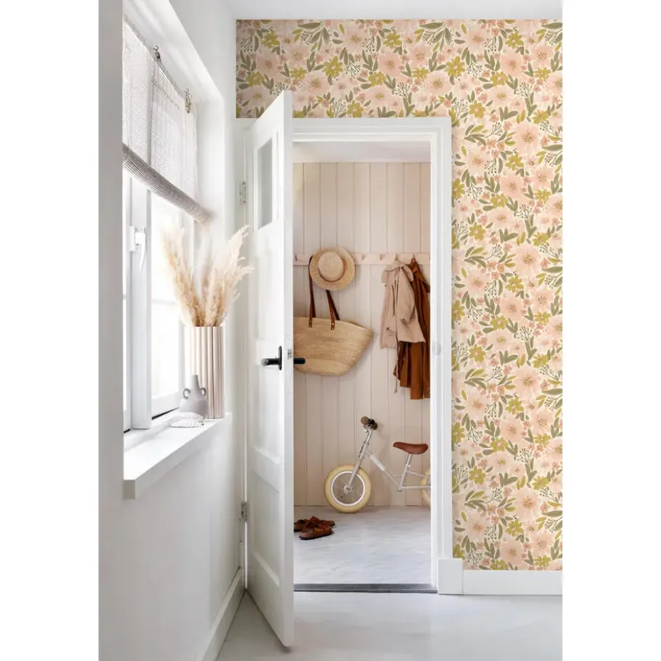ESTAhome behang bloemen zacht roze, okergeel en vergrijsd groen - 50 x 900 cm