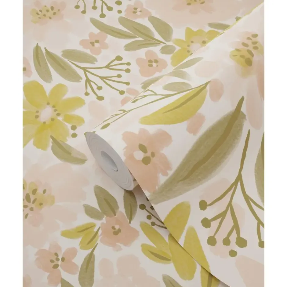 ESTAhome behang bloemen zacht roze, okergeel en vergrijsd groen - 50 x 900 cm