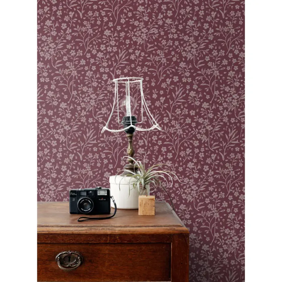 ESTAhome behang bloemetjes aubergine paars - 50 x 900 cm