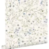 ESTAhome behang bloemetjes vergrijsd groen, blauw en wit - 50 x 900 cm
